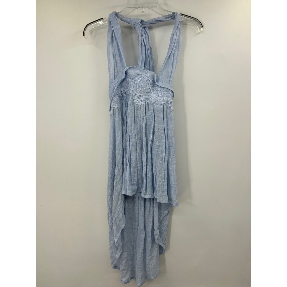 Maurizio Mykonos Athens Light Blue Linen Blend Embroidered High Low Halter Top